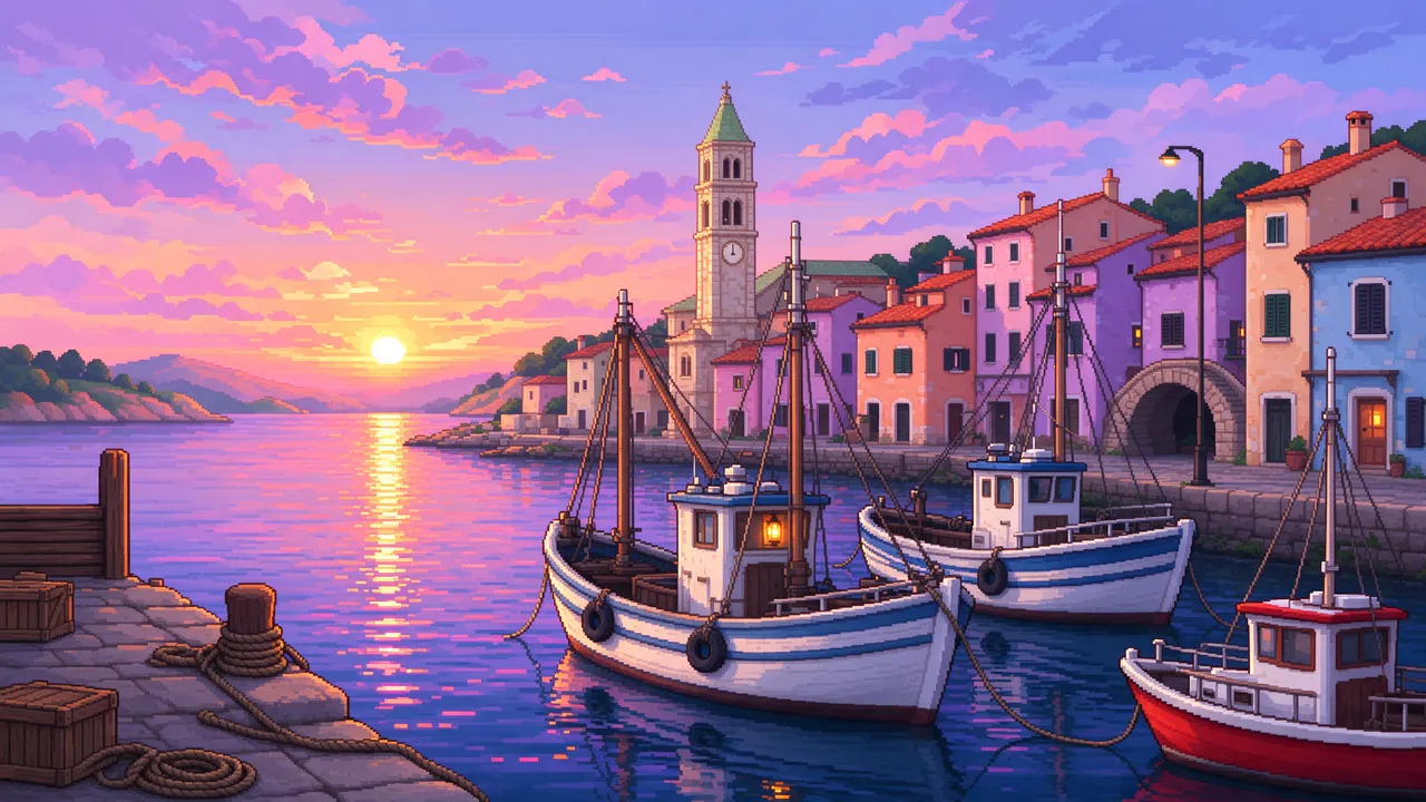 Retro 16-bit pixel art of a quiet harbor town at dawn with fishing boats moored along a stone quay beside pastel buildings.