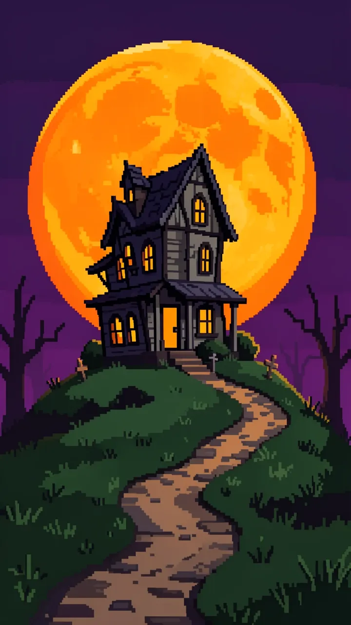 16-bit pixel art of a crooked haunted house on a hill beneath a giant orange Halloween moon with a winding stone path