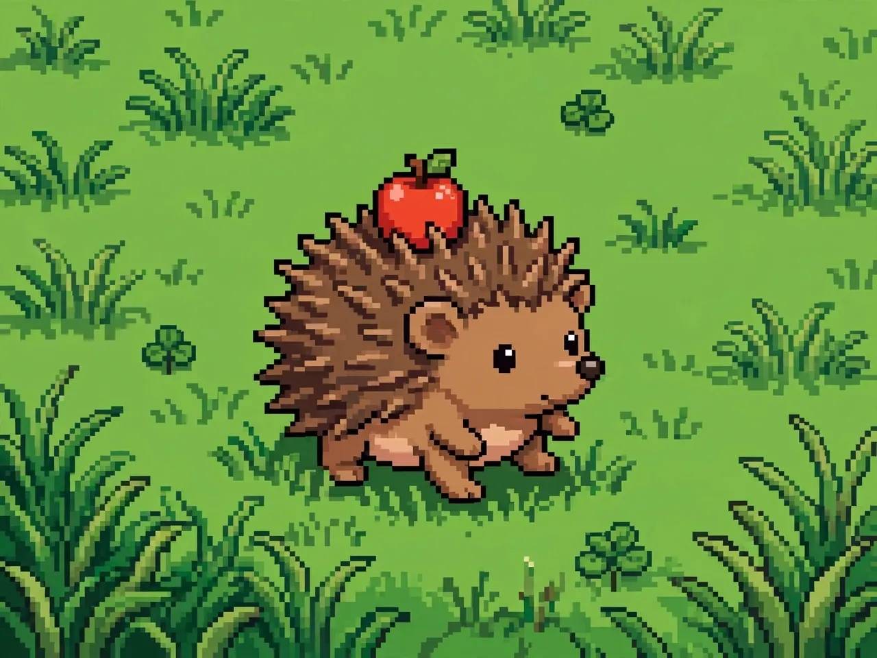 Cute pixel art brown hedgehog carries a red apple on its spines while standing in green grass