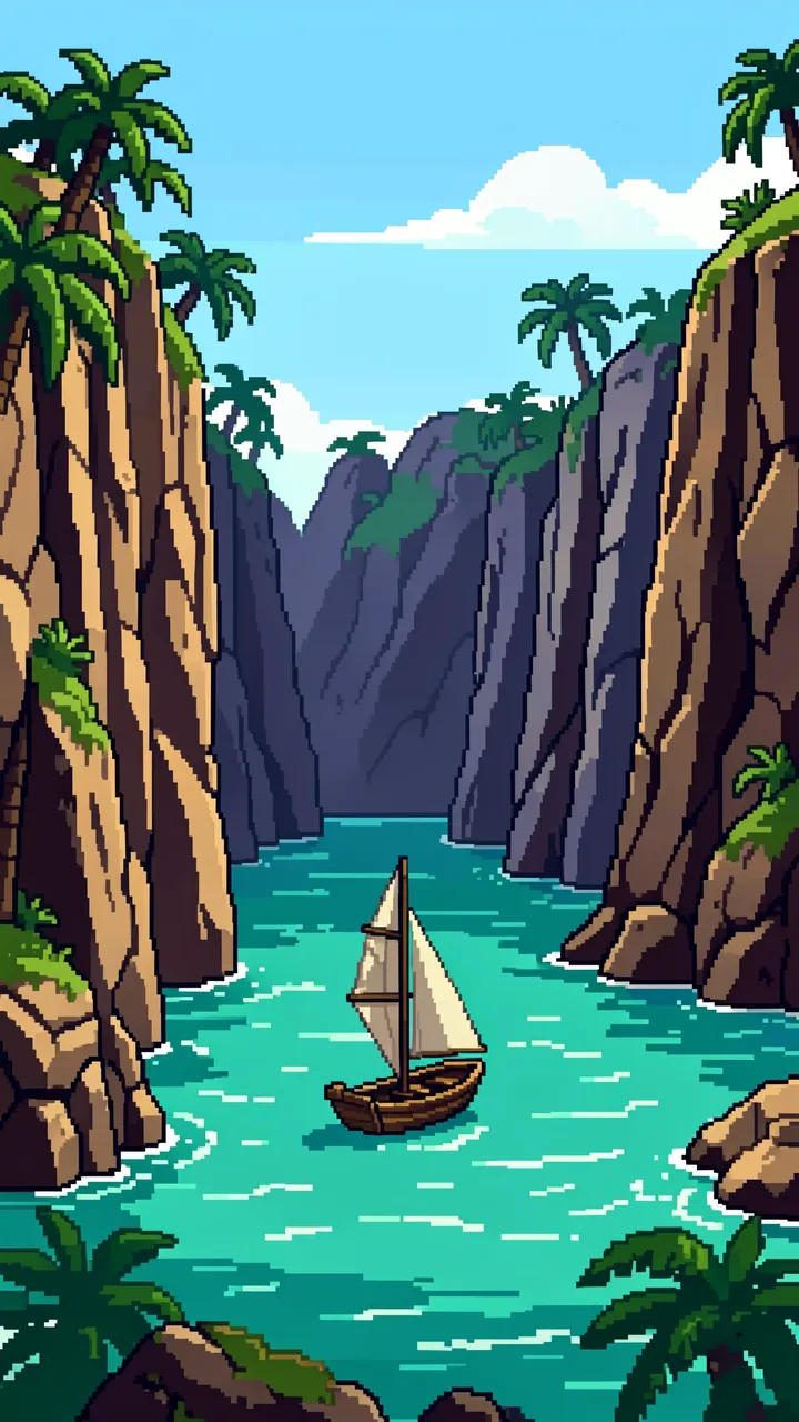 Retro 16-bit pixel art of a small wooden sailboat floating in a turquoise palm-lined hidden cove