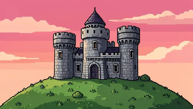 16-bit pixel art gray stone castle with round towers sits on a grassy hill under a pink sunset sky