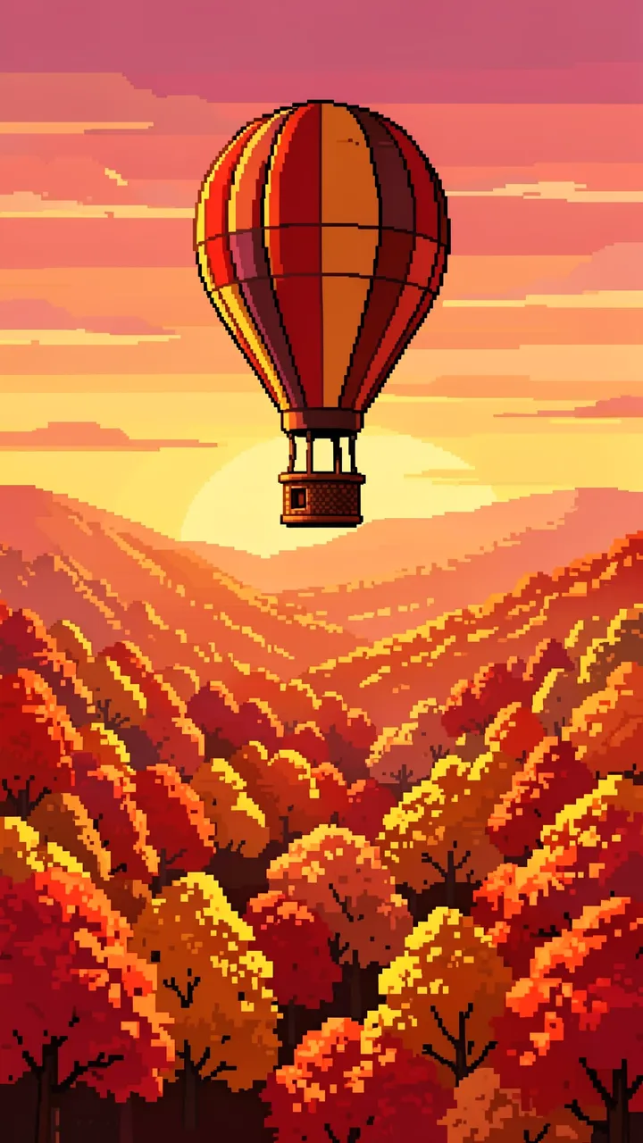 16-bit pixel art hot air balloon floating over autumn valley trees at sunrise