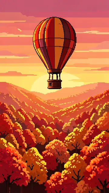 16-bit pixel art hot air balloon floating over autumn valley trees at sunrise