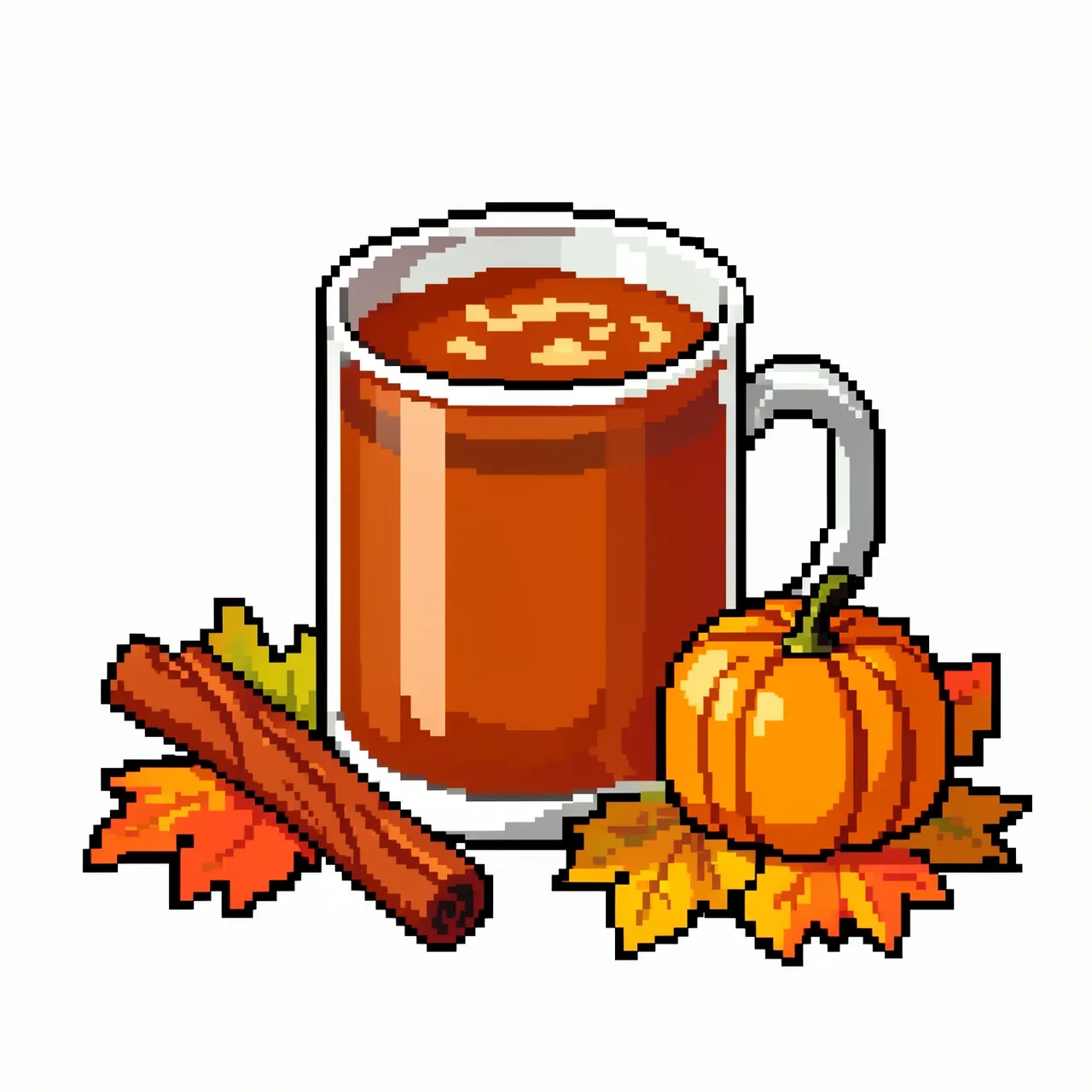 16-bit pixel art illustration of a glass cider mug, cinnamon stick, small pumpkin, and fall leaves on a plain white