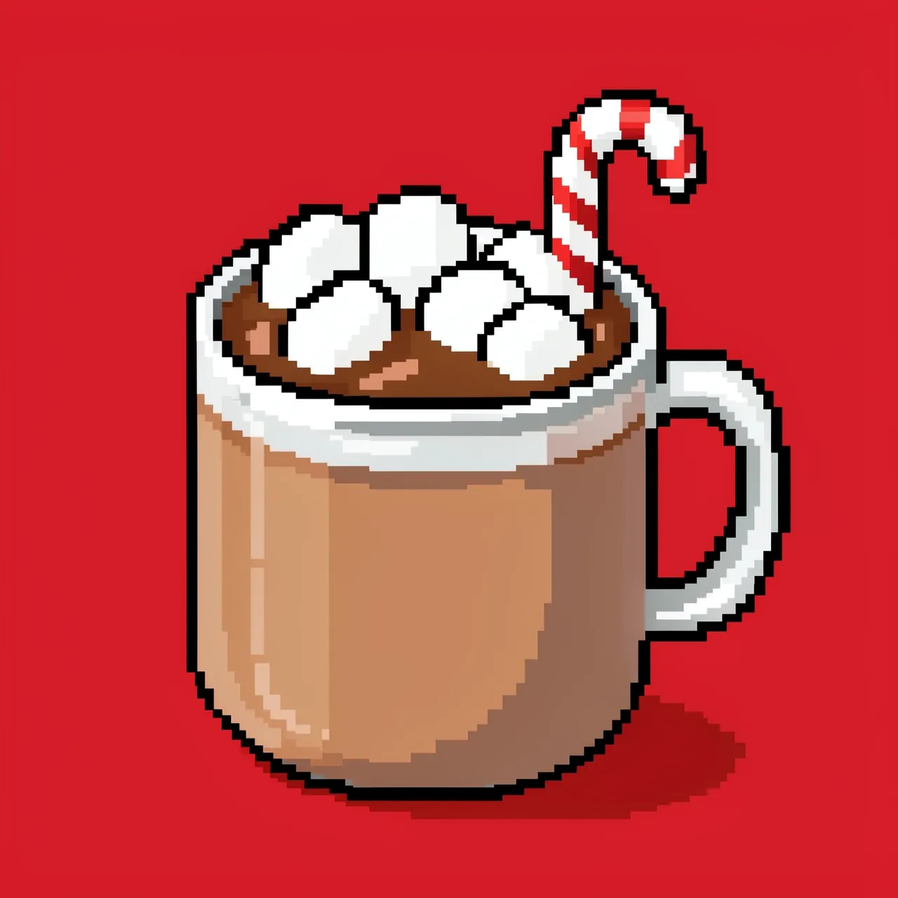 16-bit pixel art mug of hot cocoa topped with marshmallows and a candy cane on a solid red background