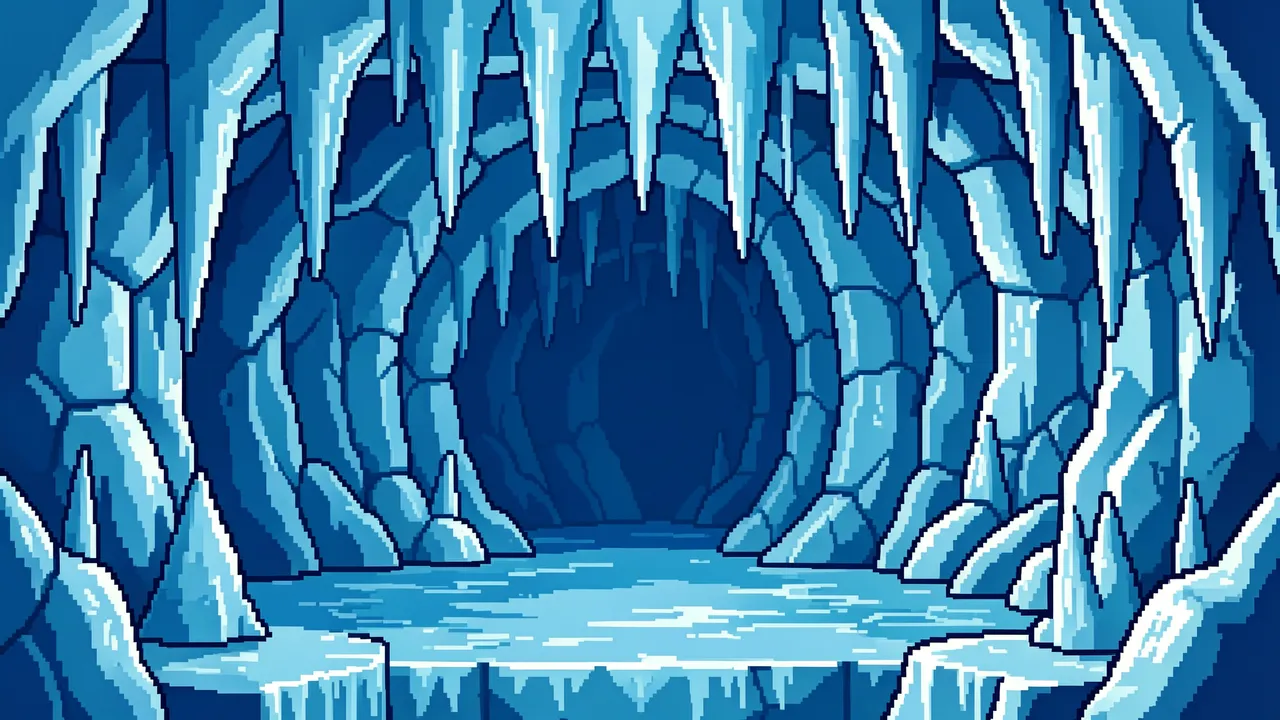 Retro 16-bit pixel art illustration of an ice cave with hanging icicles and frozen blue walls
