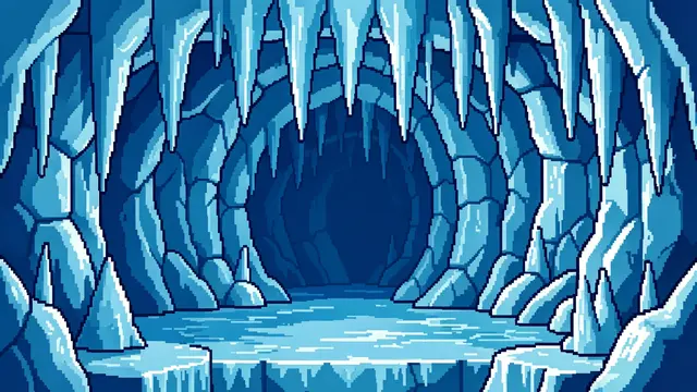 Retro 16-bit pixel art illustration of an ice cave with hanging icicles and frozen blue walls