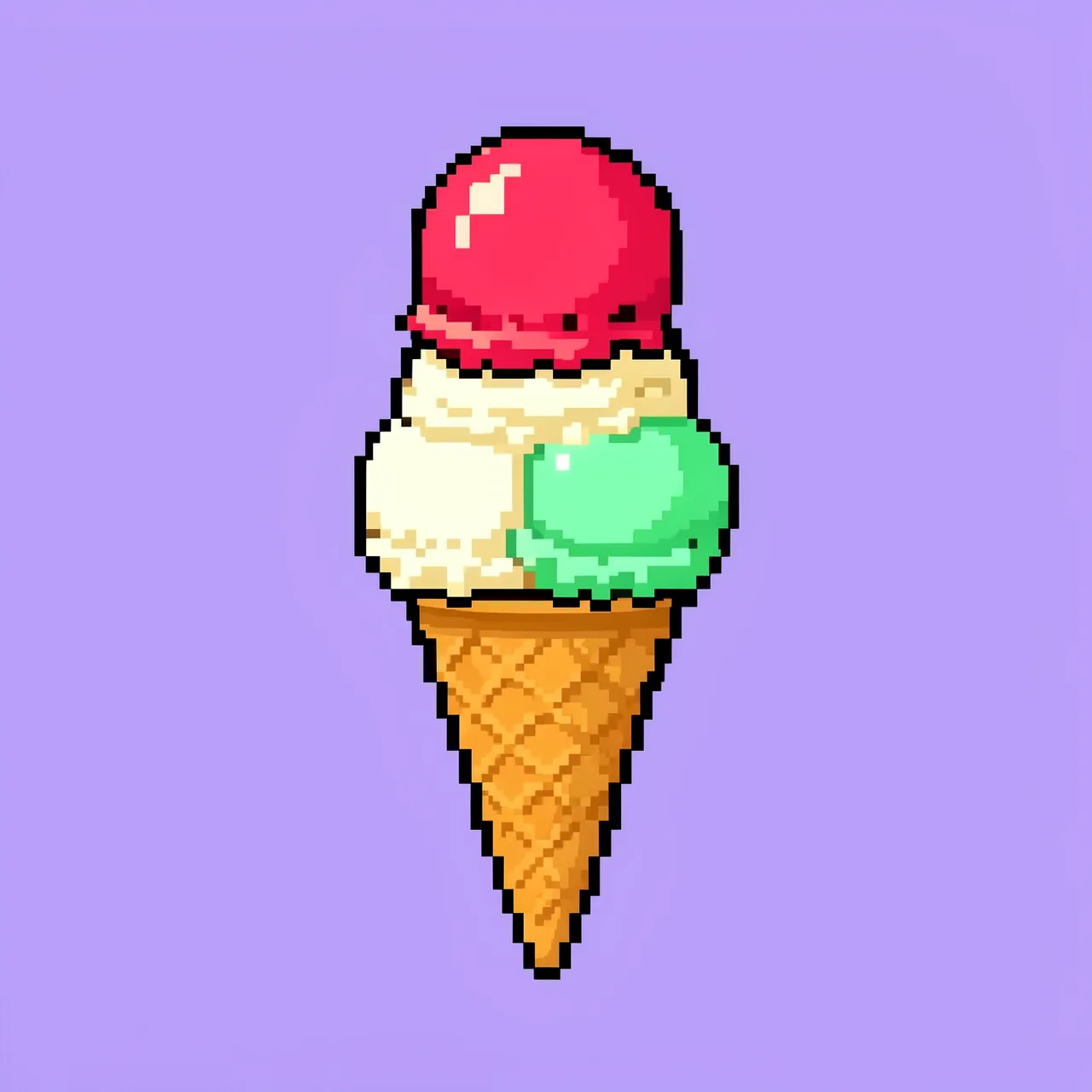 Retro 16-bit pixel art ice cream cone with three scoops on a plain lilac background