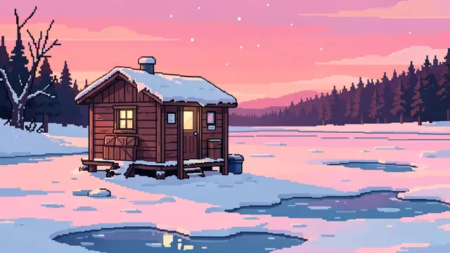 16-bit pixel art of a small wooden ice fishing hut on a frozen pink-lit lake at winter dawn
