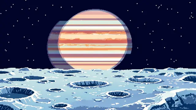 16-bit pixel art view across a cratered icy moon surface with a large banded gas giant hanging in the starry sky.