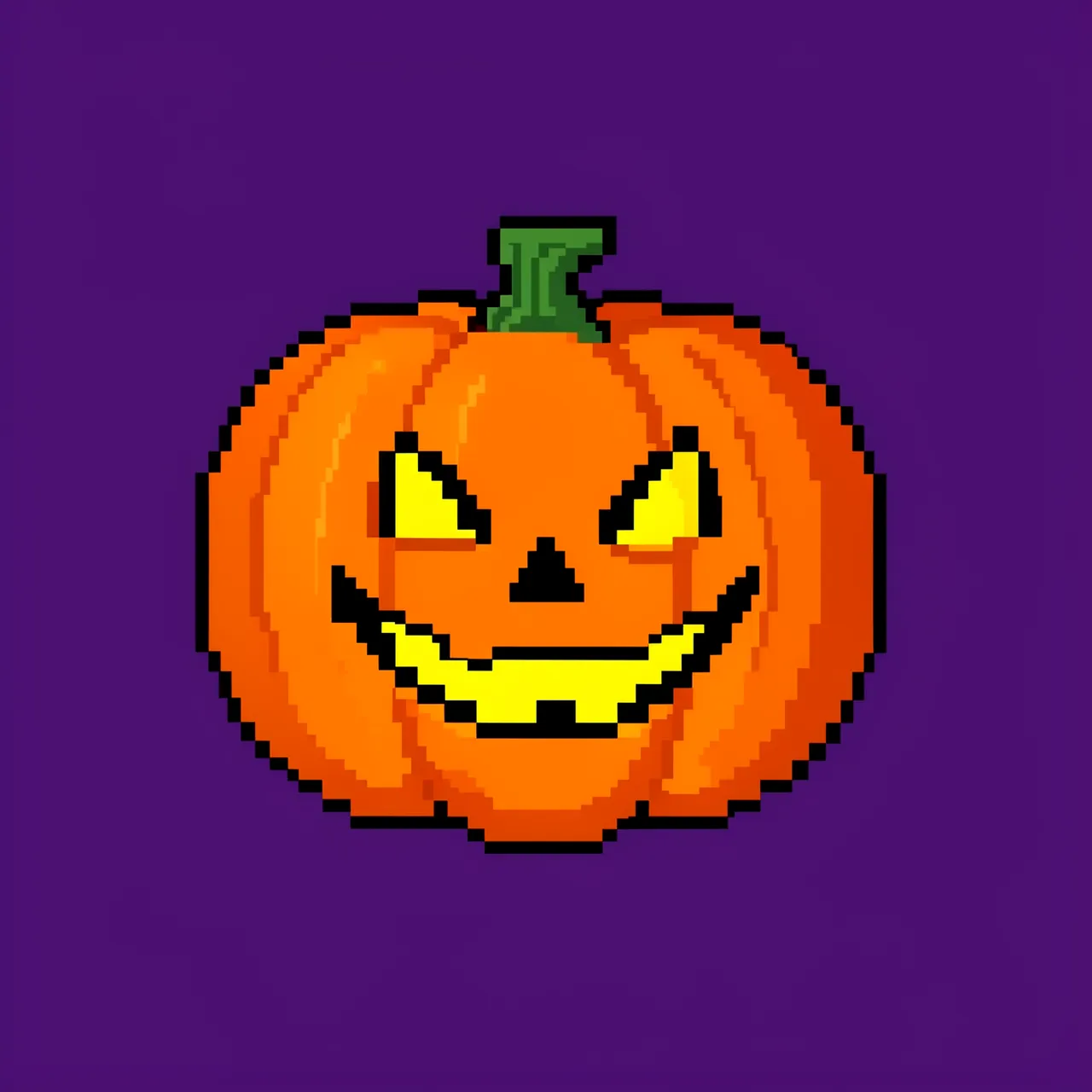 Retro 16-bit pixel art glowing jack-o'-lantern centered on a solid dark purple background