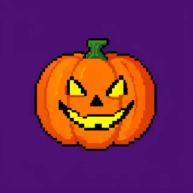 Retro 16-bit pixel art glowing jack-o'-lantern centered on a solid dark purple background