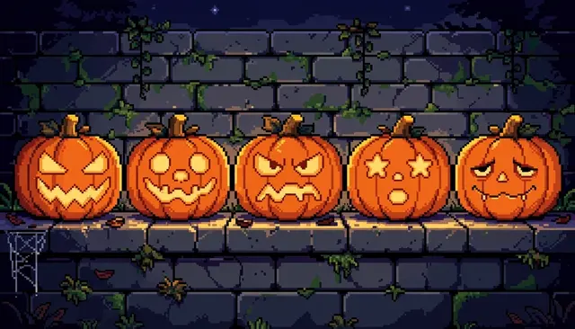 Five glowing jack-o'-lanterns with unique carved faces sit in a row on a mossy stone wall at night in retro 16-bit pixel art