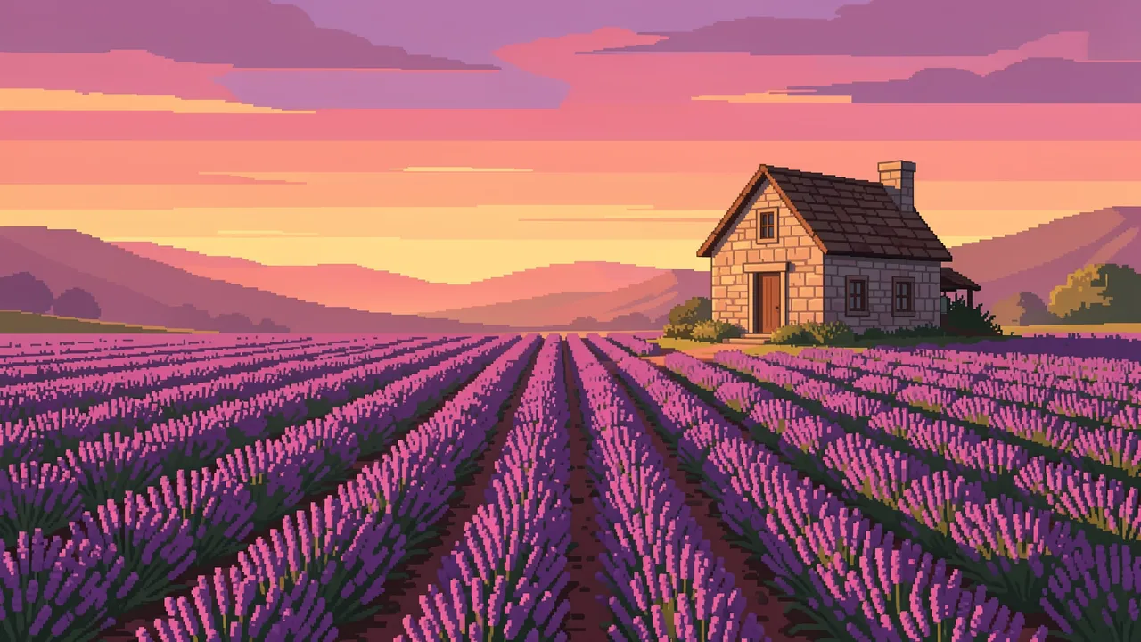 Retro 16-bit pixel art of rows of lavender leading to a stone farmhouse beneath a gradient sunset sky with distant soft