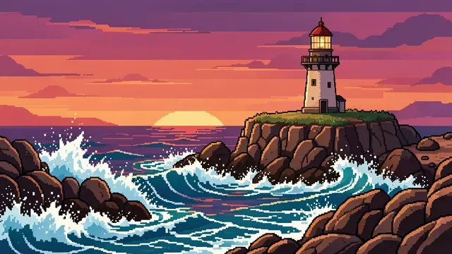 16-bit pixel art lighthouse perched on a rocky cliff as waves crash below at sunset dusk