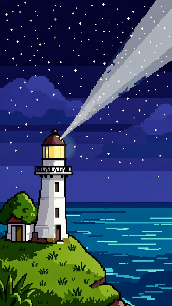 16-bit pixel art of a white lighthouse on a grassy headland projecting a beam over a starry night sea