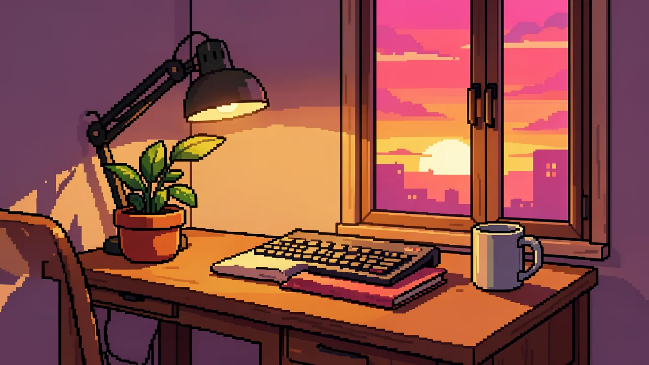 16-bit pixel art of a study desk with a lamp, plant, books, mug by a sunset city window