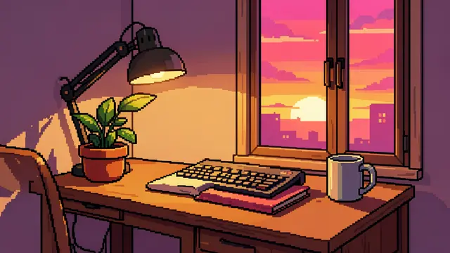 16-bit pixel art of a study desk with a lamp, plant, books, mug by a sunset city window