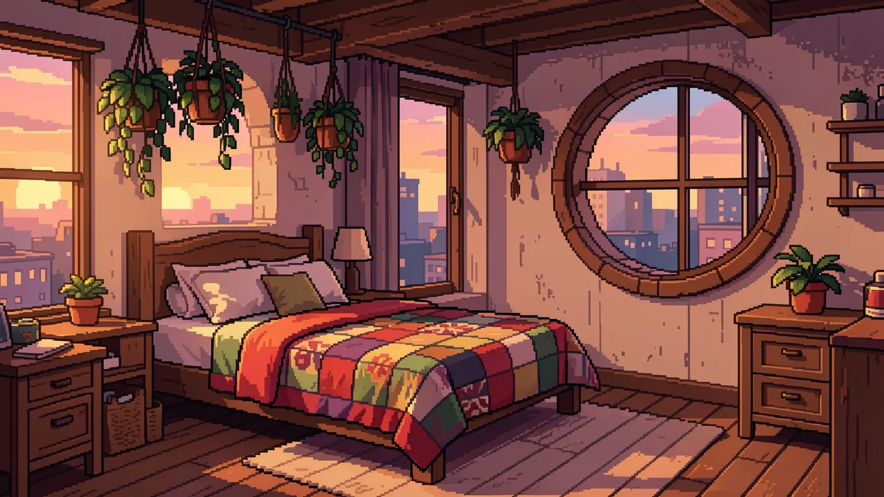 Cozy 16-bit pixel art of a sunlit loft bedroom at dawn with hanging plants and patchwork quilted bed