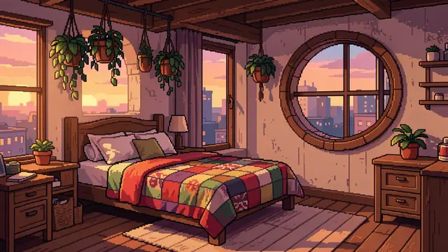 Cozy 16-bit pixel art of a sunlit loft bedroom at dawn with hanging plants and patchwork quilted bed