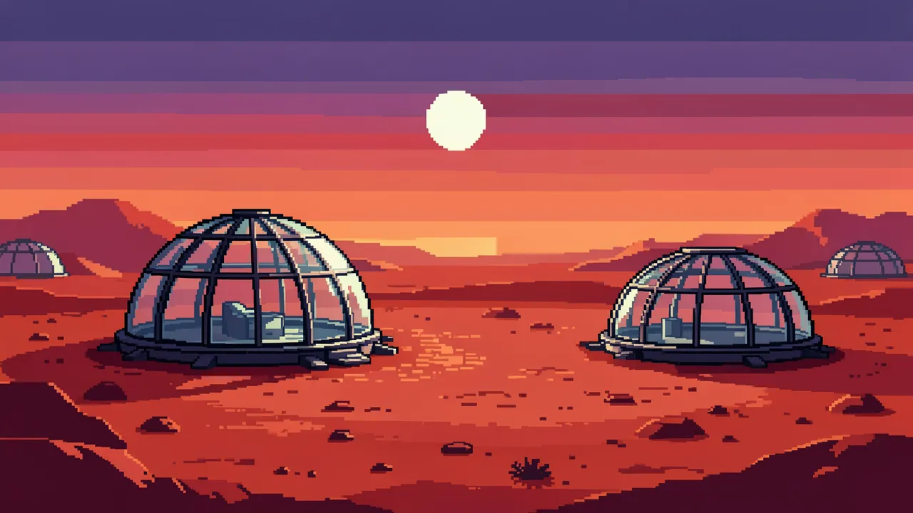 Retro 16-bit pixel art of glass dome settlements on a red desert planet beneath a setting pale sun at dusk