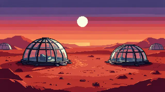 Retro 16-bit pixel art of glass dome settlements on a red desert planet beneath a setting pale sun at dusk
