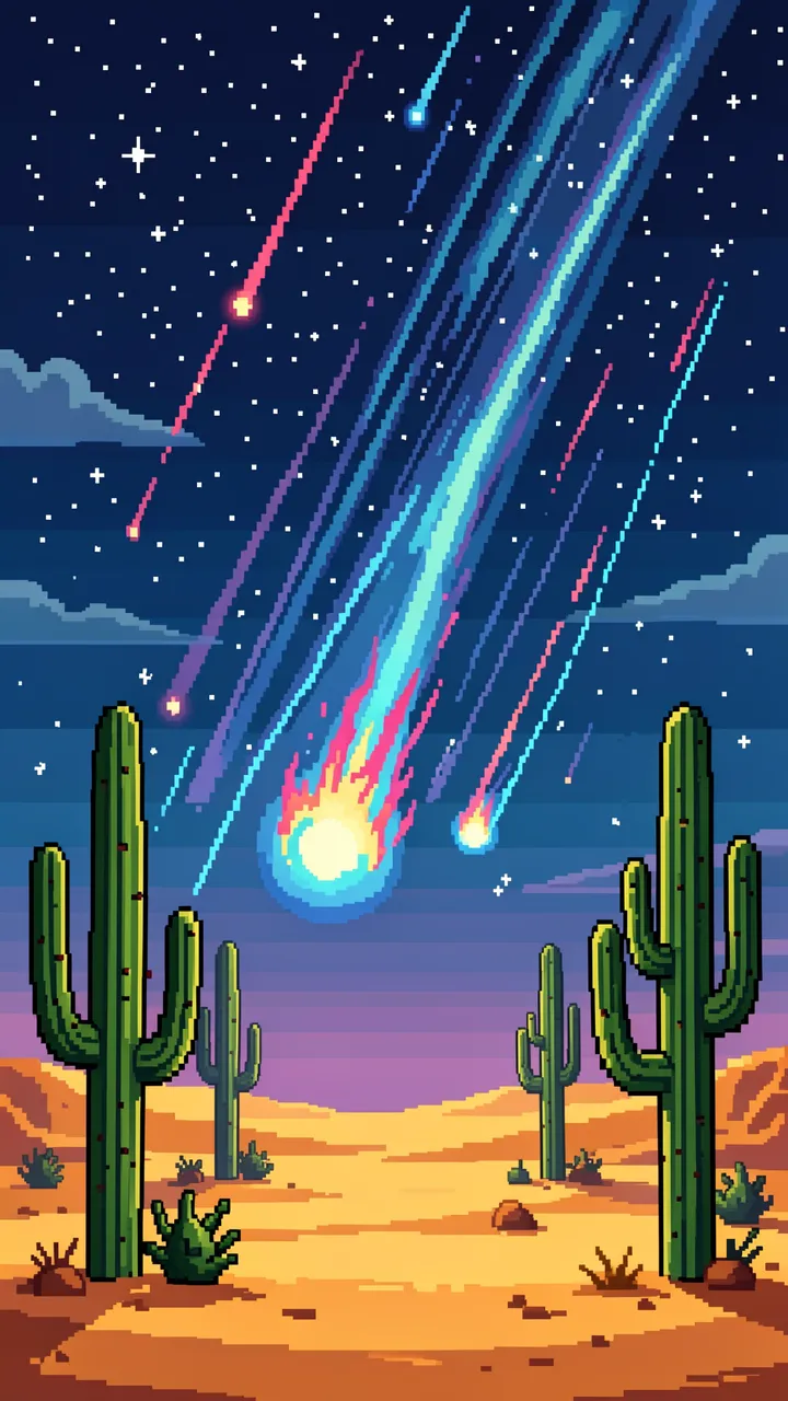 16-bit pixel art of a colorful meteor shower streaking over a desert lined with tall saguaro cacti under a starry night sky