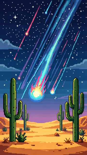 16-bit pixel art of a colorful meteor shower streaking over a desert lined with tall saguaro cacti under a starry night sky