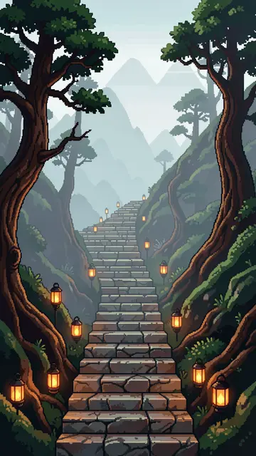 16-bit pixel art of a stone stairway climbing a misty mountainside lined with glowing lanterns and twisted pine trees