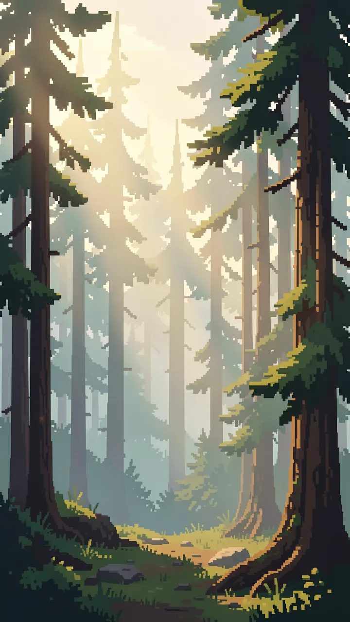16-bit pixel art of a misty pine forest at dawn with sunbeams filtering through fog