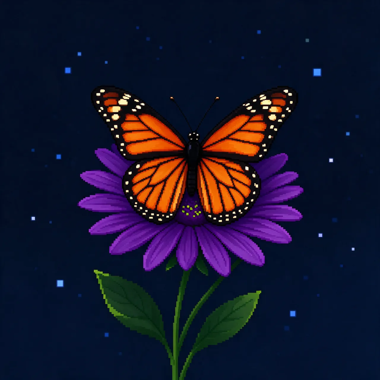 16-bit pixel art monarch butterfly with open wings resting on a purple flower against a dark starry background