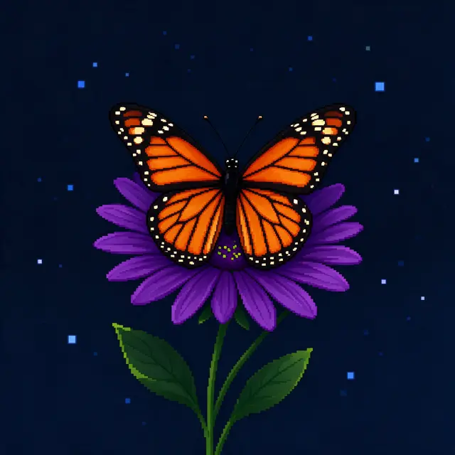 16-bit pixel art monarch butterfly with open wings resting on a purple flower against a dark starry background
