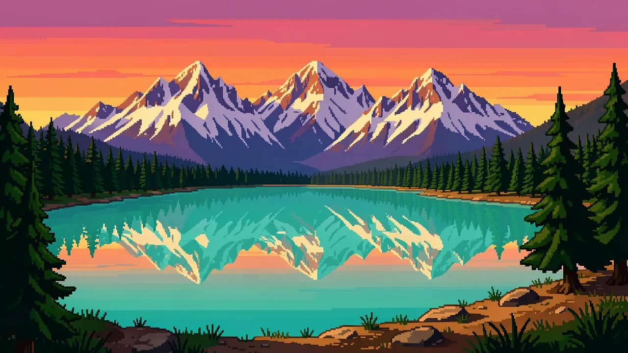 16-bit pixel art landscape of a still turquoise mountain lake at sunrise with snowy peak reflections and pine shoreline
