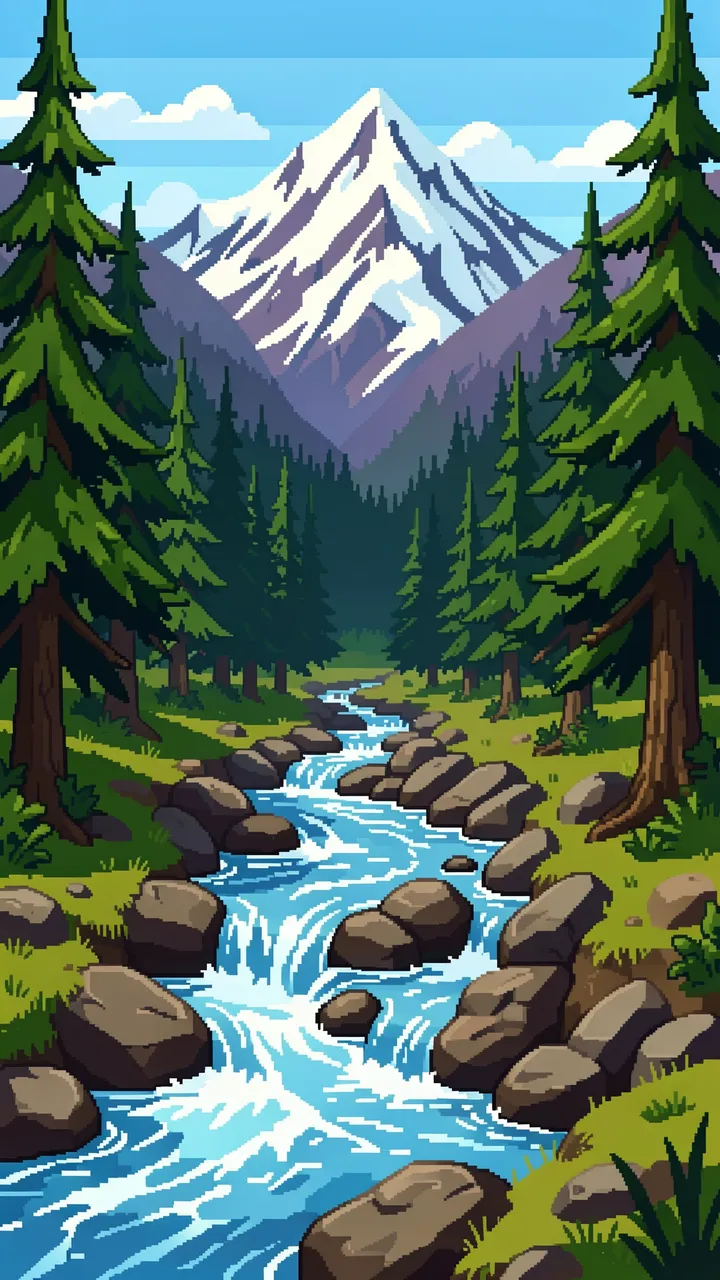 16-bit pixel art of a rocky mountain stream flowing through a pine forest toward a snow-capped peak