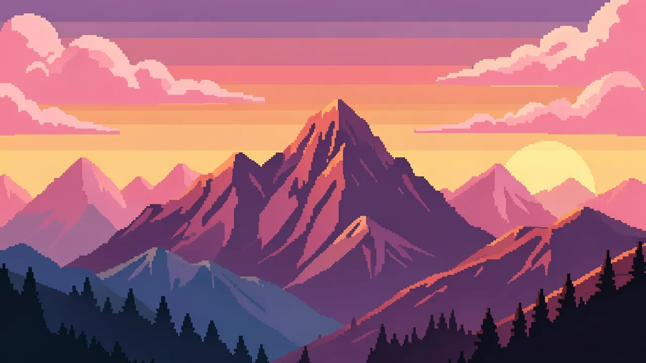16-bit pixel art layered mountain range at sunrise with pink clouds and silhouetted pine trees