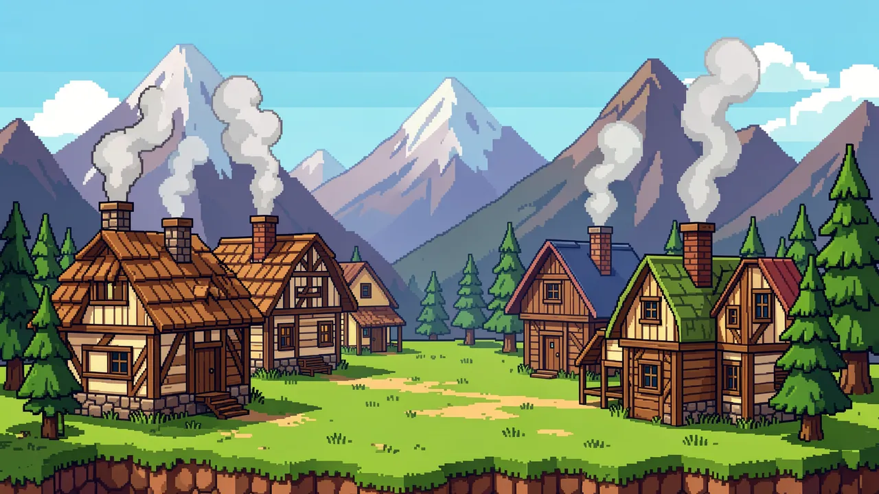 16-bit pixel art scene of a quiet mountain village with smoking chimneys, pine trees and snow-capped peaks.
