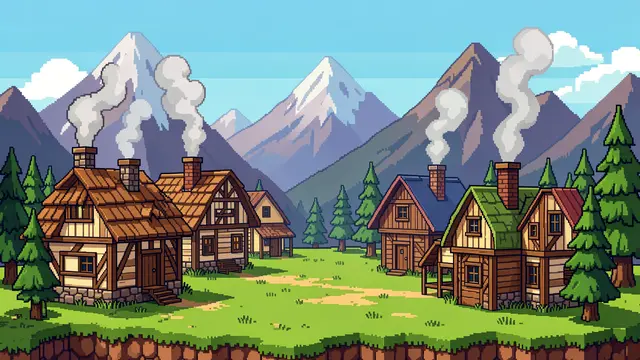 16-bit pixel art scene of a quiet mountain village with smoking chimneys, pine trees and snow-capped peaks.