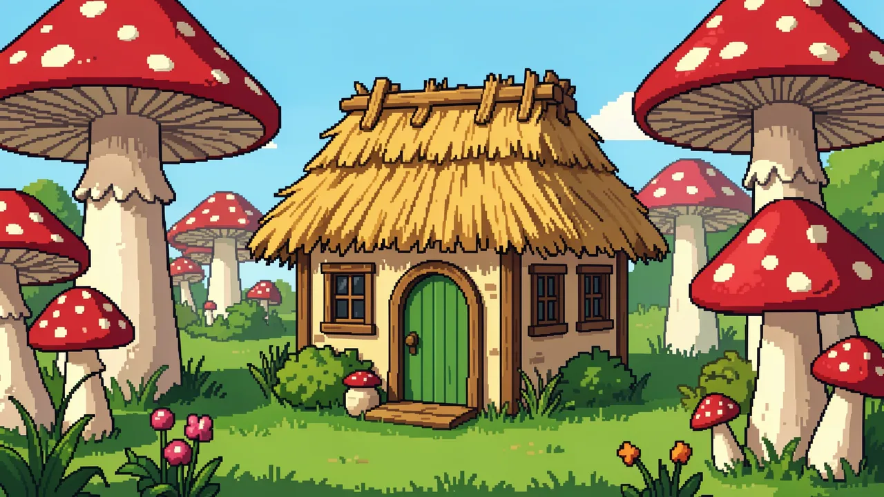 Retro 16-bit pixel art of a tiny thatched cottage with a round green door surrounded by giant red spotted mushrooms