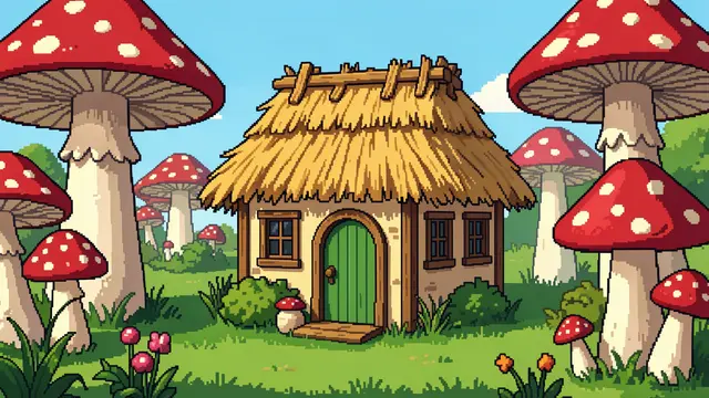 Retro 16-bit pixel art of a tiny thatched cottage with a round green door surrounded by giant red spotted mushrooms