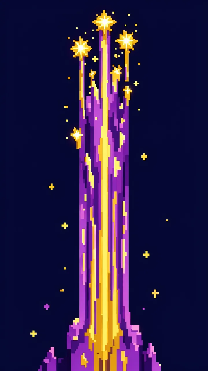 16-bit vertical pixel art of a towering violet nebula pillar with glowing golden star tips against dark space