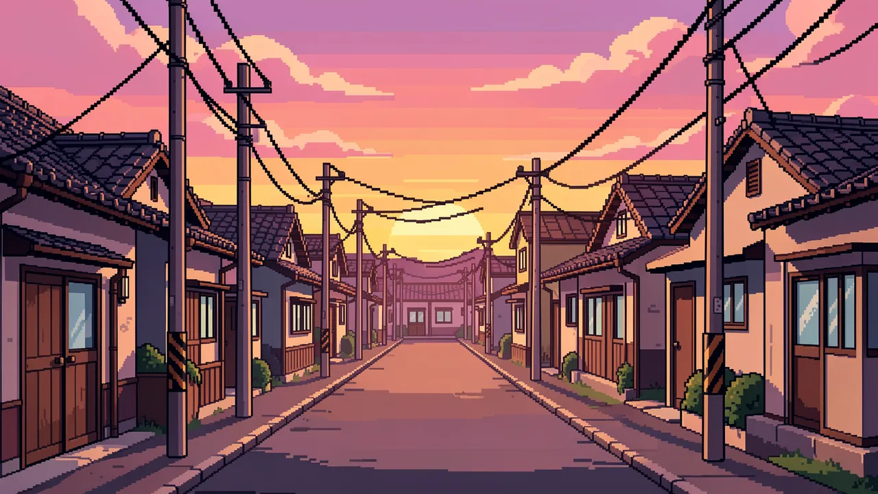Retro 16-bit pixel art of a quiet residential lane flanked by houses under a pink and orange sunset sky