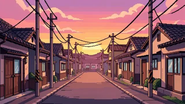 Retro 16-bit pixel art of a quiet residential lane flanked by houses under a pink and orange sunset sky