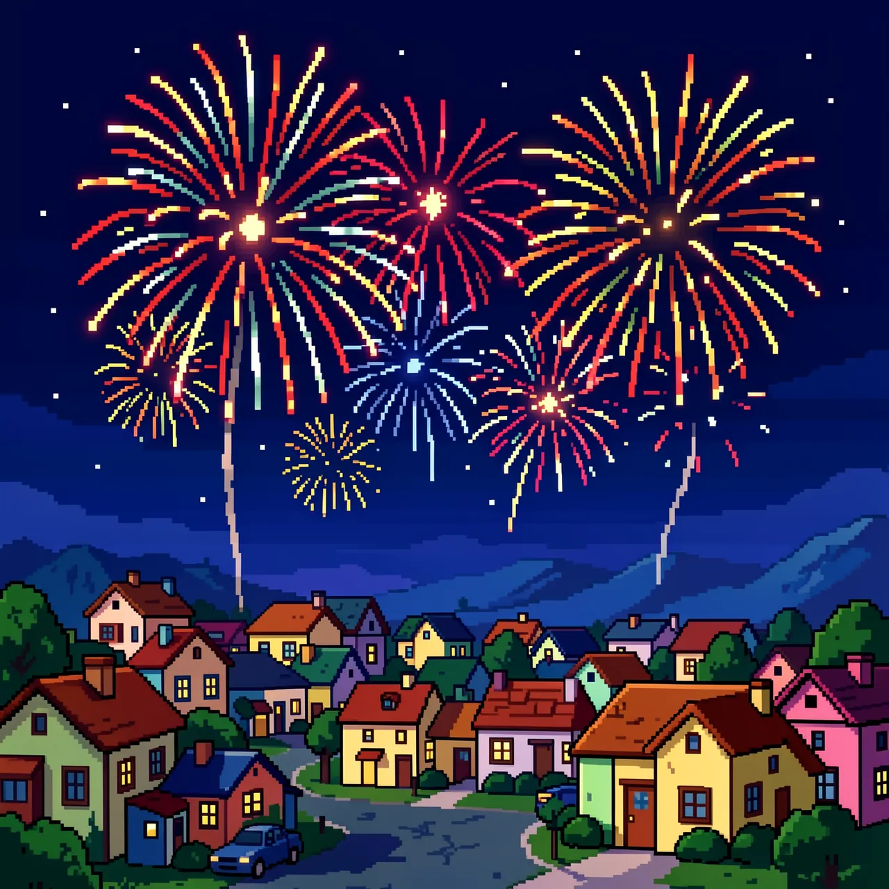Colorful 16-bit pixel art fireworks burst over a quiet small town at dark night