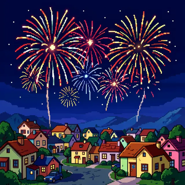 Colorful 16-bit pixel art fireworks burst over a quiet small town at dark night