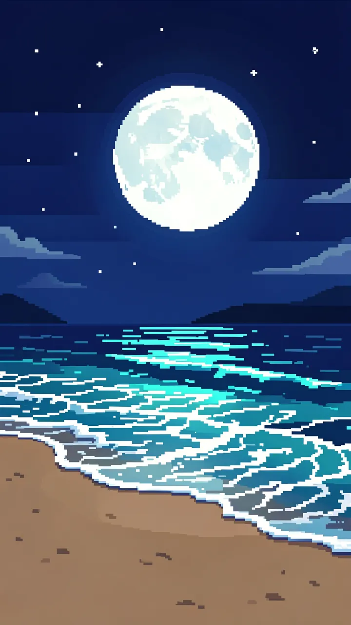 Retro 16-bit pixel art of a beach at night with a large glowing full moon and shimmering turquoise waves.