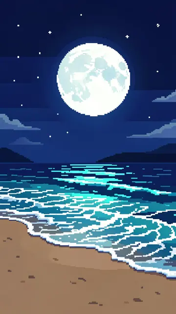 Retro 16-bit pixel art of a beach at night with a large glowing full moon and shimmering turquoise waves.