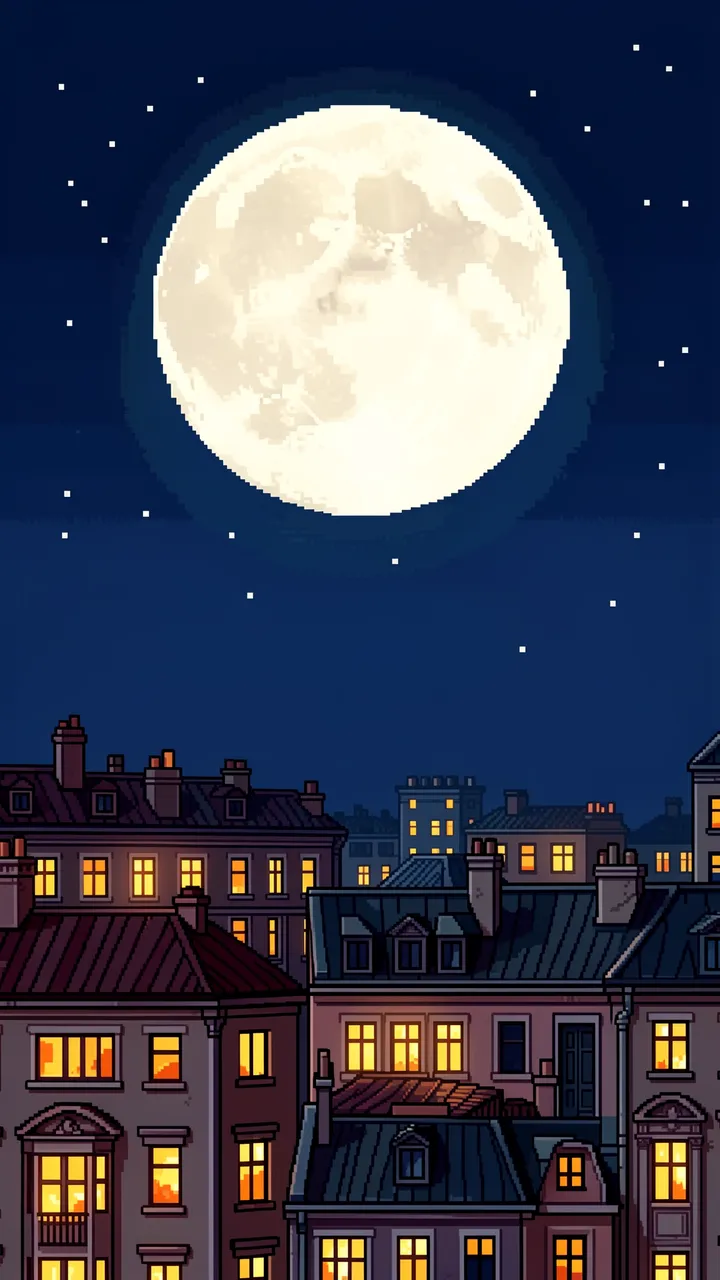 16-bit pixel art of city rooftops at night under a huge glowing full moon and starry sky