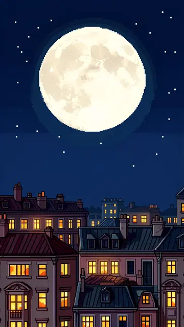 16-bit pixel art of city rooftops at night under a huge glowing full moon and starry sky