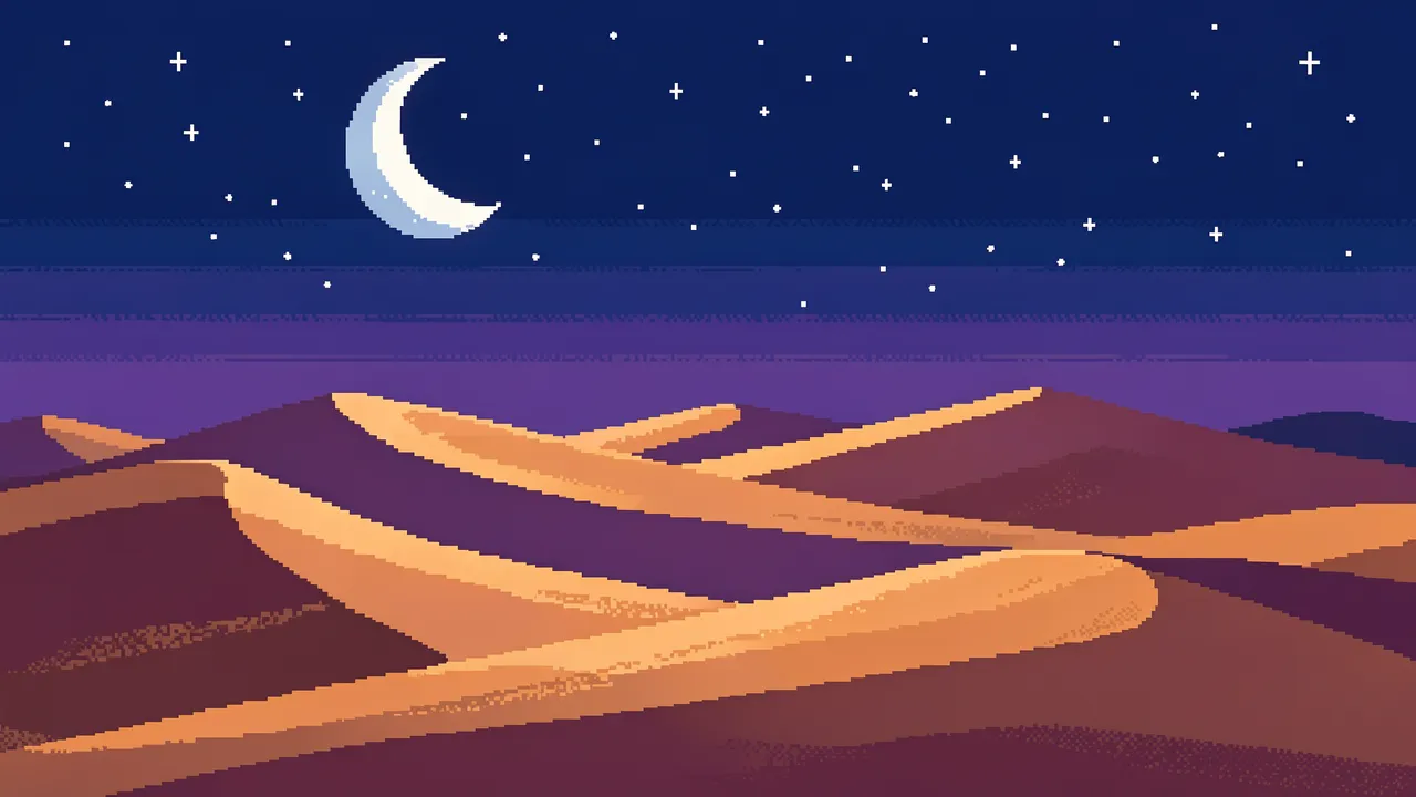 Retro 16-bit pixel art of rolling desert sand dunes under a crescent moon and starry night sky