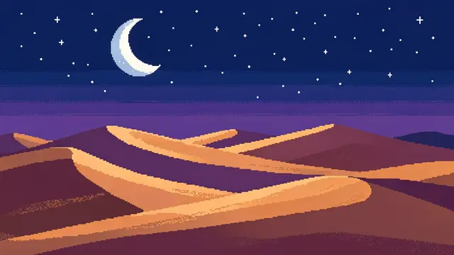 Retro 16-bit pixel art of rolling desert sand dunes under a crescent moon and starry night sky